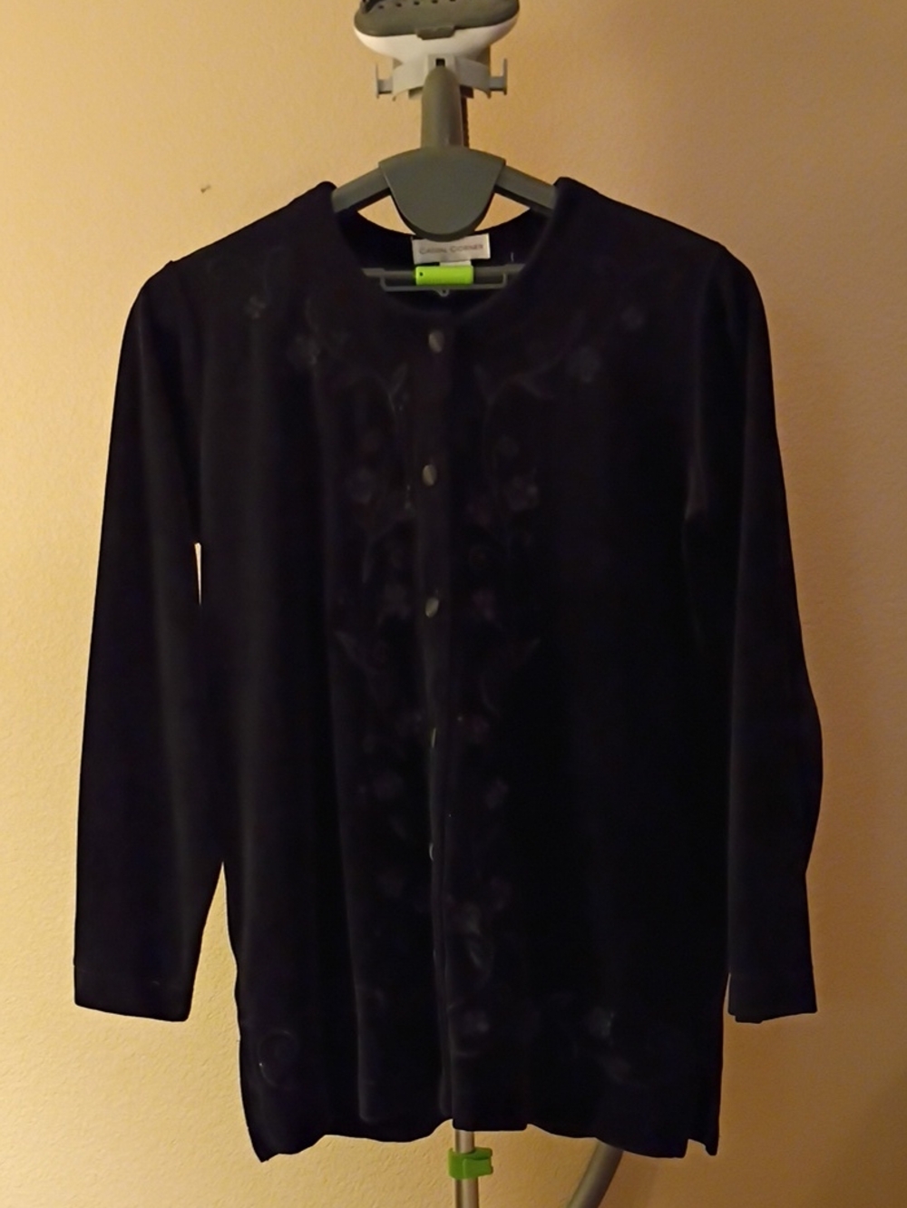Casual Corner Black Velvet Button-Down Cardigan